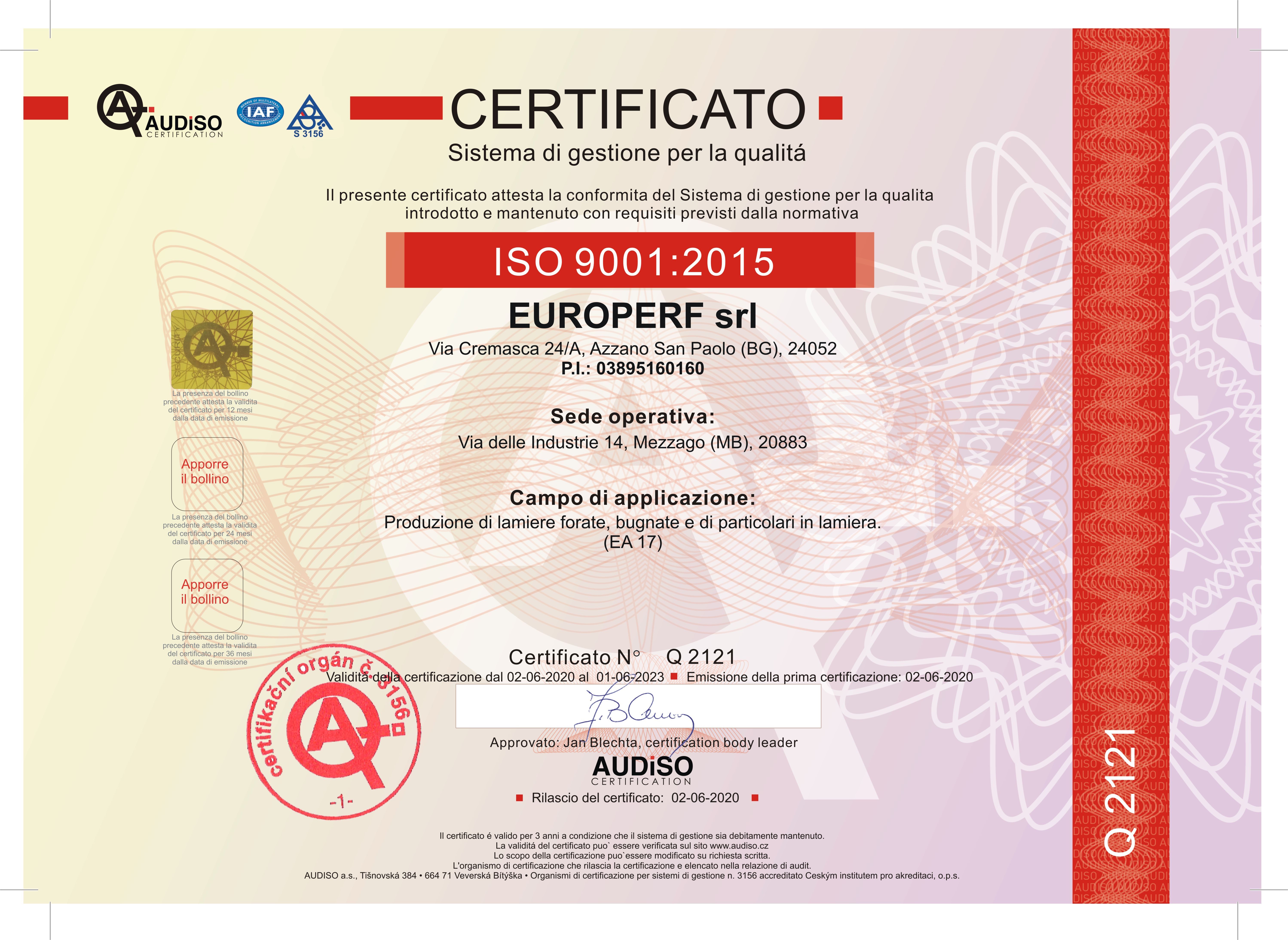 iso 9001 Europerf certificato